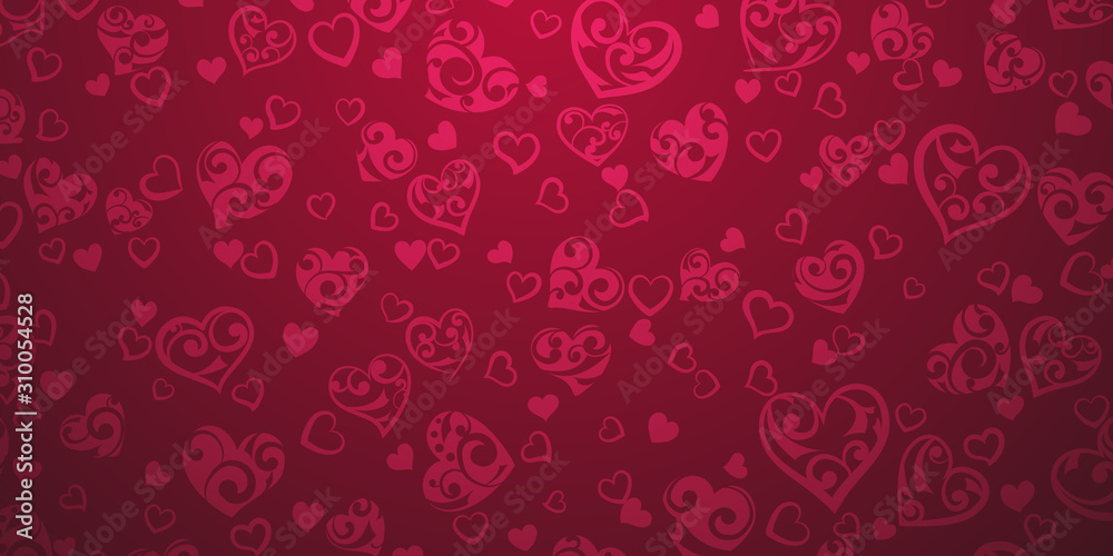 Background of big and small hearts with ornament of curls, in crimson colors Background of big and small hearts with ornament of curls, in crimson colors