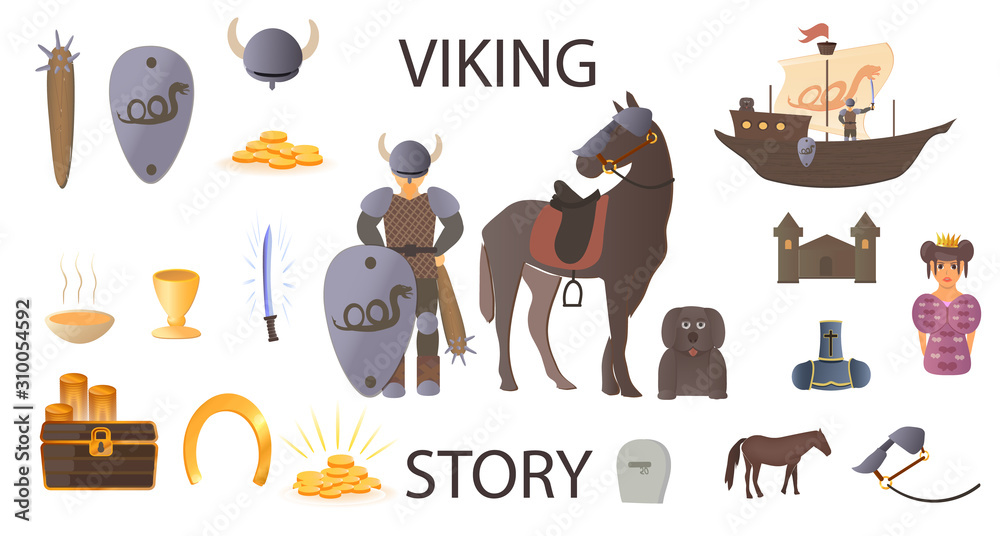 Viking story in a cartoon style. Set of historical characters and scenery for a computer game. Vector stock illustration. Ancient armed warrior and his horse in armor. Viking on a boat. Battle dog. Viking story in a cartoon style. Set of historical characters and scenery for a computer game. Vector stock illustration. Ancient armed warrior and his horse in armor. Viking on a boat. Battle dog.