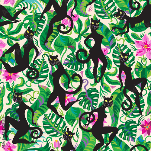 Black panther with female figure seamless pattern on floral beige background with tropical foliage, green monstera leaves, pink frangipany flowers. Body positive batik print, fashionable wallpaper 