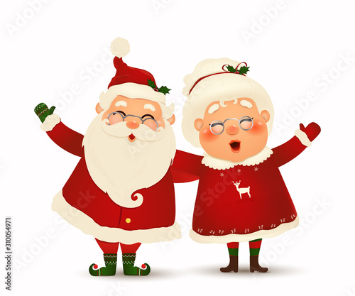 Mrs. Claus Together. Vector cartoon character of Happy Santa Claus and his wife isolated. Christmas family celebrate winter holidays. Cute Santa Claus with Mrs. Claus waving hands and greeting.