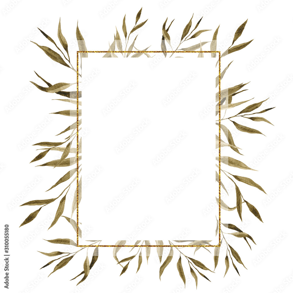 Geometry golden frames with watercolor hand draw branches of green leaves and succulents, isolated on white background Geometry golden frames with watercolor hand draw branches of green leaves and succulents, isolated on white background