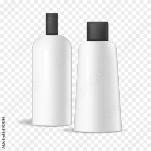Realistic white plastic vector cosmetic or medical bottles with black cap mockup. Container for liquid, template for shampoo, lotion, skin and body care products packaging