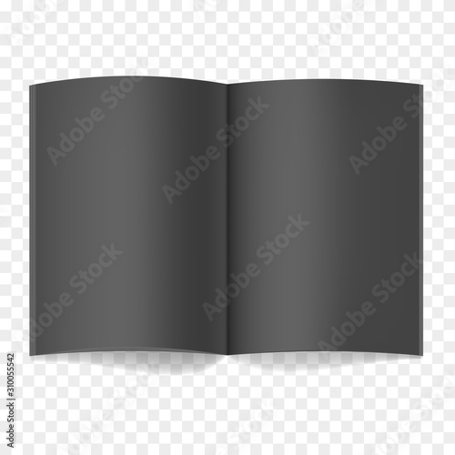 Black vector realistic opened book, journal or magazine mockup with sheet of A4. Blank open pages of sketchbook or notebook template for men elegant catalog, brochure design