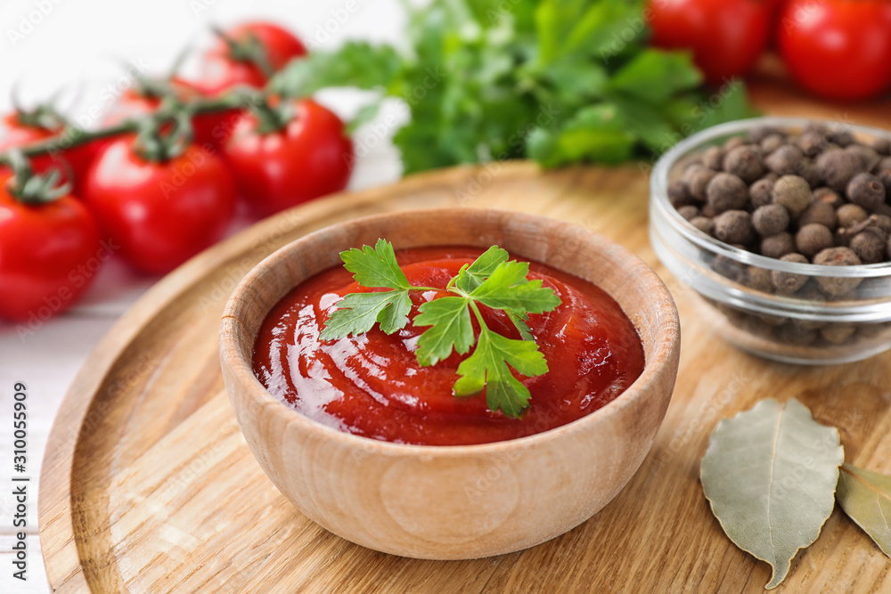 Delicious fresh tomato sauce on table, closeup Delicious fresh tomato sauce on table, closeup