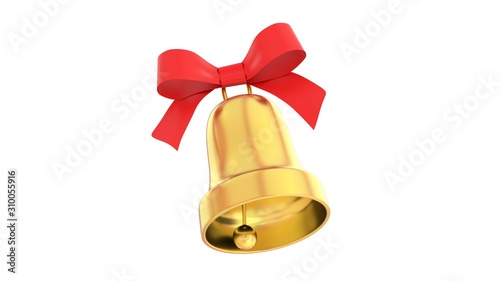 Christmas bell isolated on white background, golden with a red ribbon, Jingle bells, 3D-rendering