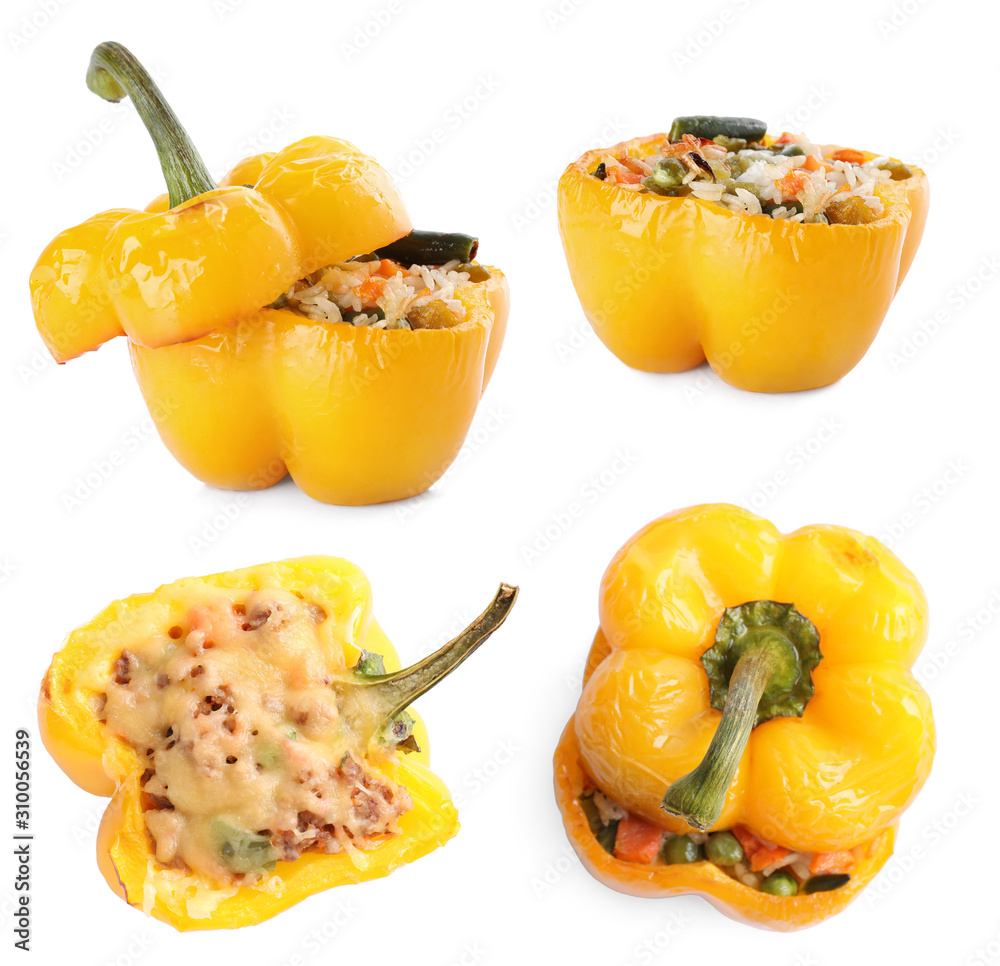 Set of delicious stuffed bell peppers on white background