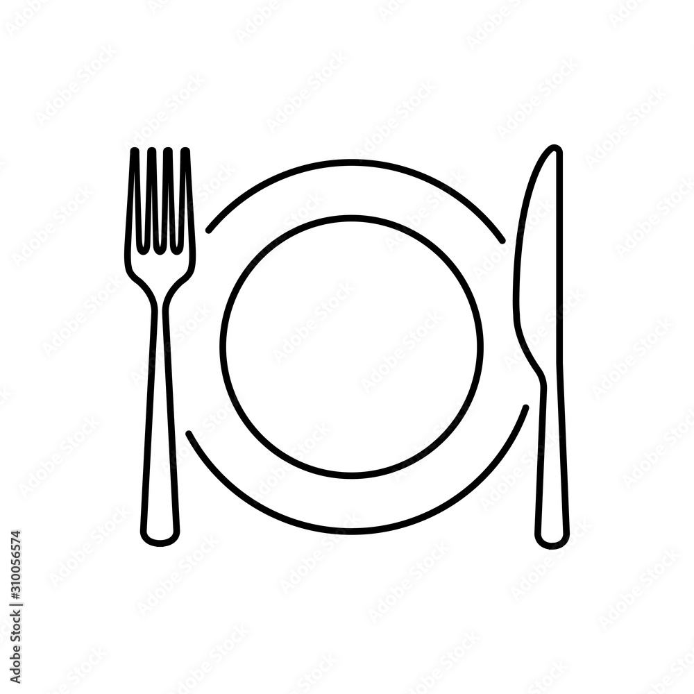 Fototapeta Plate, knife, spoon and fork line icon. Vector illustration