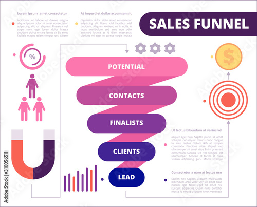 Business funnel. Purchase symbols marketing generation and conversion leads vector funnel sales. Illustration marketing lead and funnel for purchase