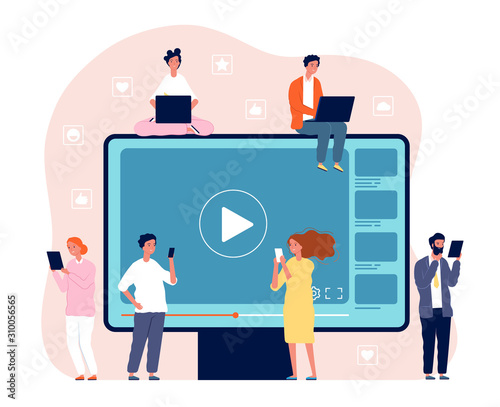 People watching video. Digital network television live stream entertainment media vector video player concept picture. Movie internet media, video stream illustration photo