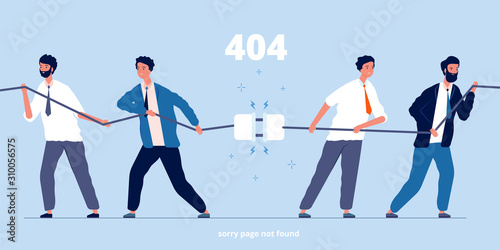 People disconnect plug. Business characters unplug connection system error angry persons vector flat pictures. Illustration connection plug and unplugged cable