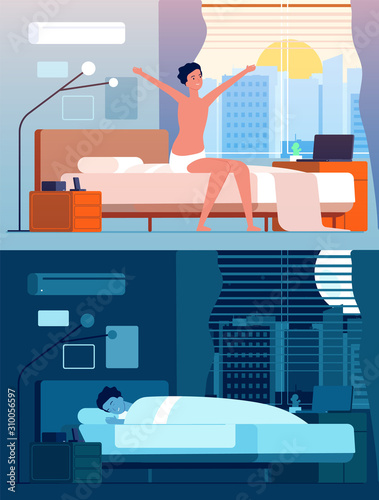 Man wake up. Male characters in bed night relax morning sitting and awakening vector flat person. Person male sleep in bedroom, awake and sleep illustration