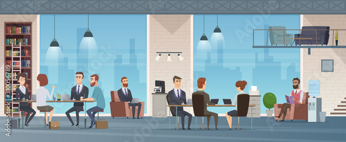 Coworking center. Open space business center interior work place environment vector cartoon background. Coworking business office, co-working workspace illustration