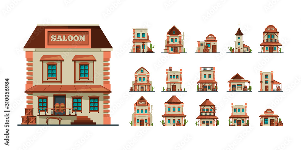 Western buildings. Wildlife west construction saloon country market banks american old houses vector flat style pictures. Illustration western saloon and architecture west american