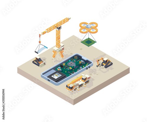 App construction. Crane truck computer micro scheme for smartphone devices repair phone construction vector isometric concept. Smartphone construction, truck crane, technology development illustration