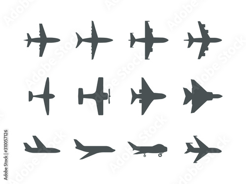 Planes symbols. Aircraft silhouettes jet aviation transportation for travel vector icons or pictograms. Illustration flight plane silhouette, aircraft and airplane