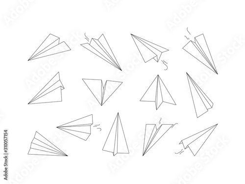 Linear paper planes. Drawing origami aircraft transport air vector collection. Illustration paper plane drawing, linear origami airplane