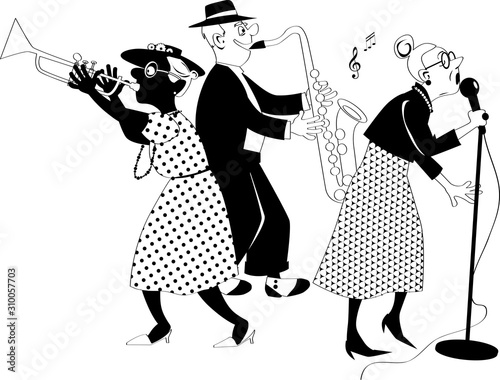 Senior citizens jazz band performing on stage, EPS 8 black solid vector silhouette, no white objects, figures cannot be separated 