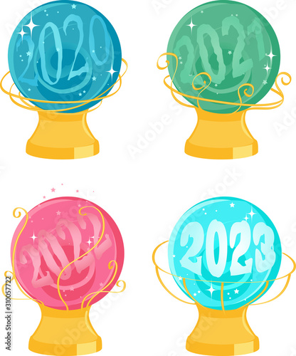 Chrystal balls or snow globes with a vision of 2020 to 2023 EPS 8 vector illustration, no transparencies	