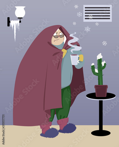 Warmly dressed senior woman standing in a cold house under an malfunctioning heating vent, snowflakes coming out it, EPS 8 vector illustration	
