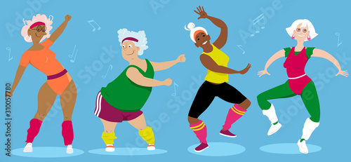 Women-only senior aerobic group workout, EPS 8 vector illustration