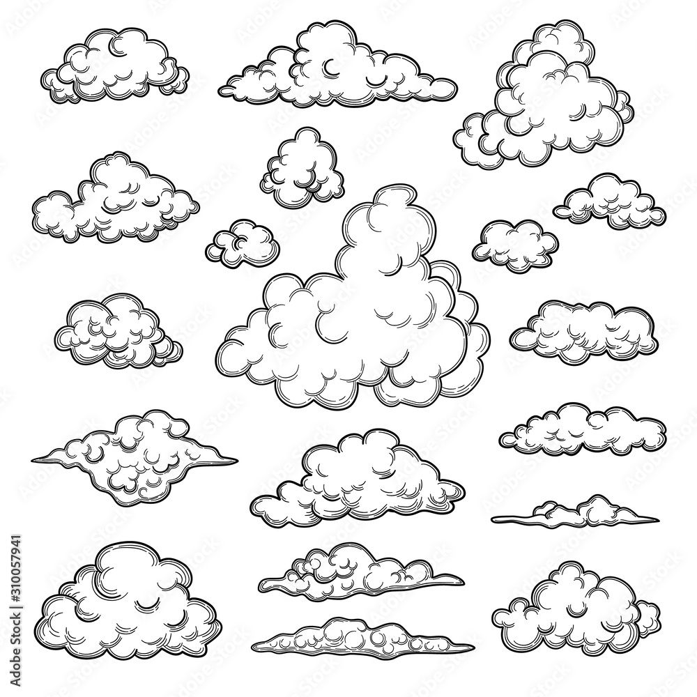 Hand drawn clouds. Weather graphic symbols decorative sky vector nature objects vector cloud collection. Illustration cloud weather, cloudy forecast