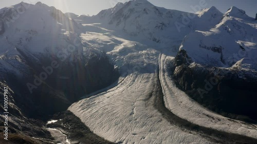 Pan upwards on Gornerglacier near Zermatt in switzerland, full glacier in wide view photo