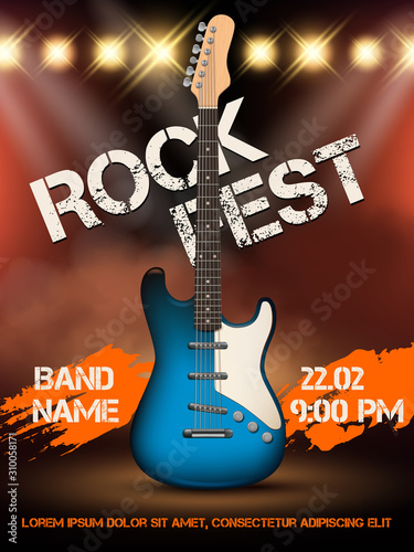 Rock festival invitation. Music guitar realistic illustration poster with place for your text event party entrance ticket vector. Illustration music rock event, guitar musical festival
