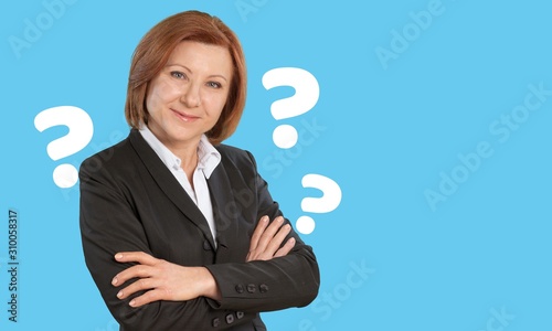 Question woman apron attractive beautiful beauty blue background