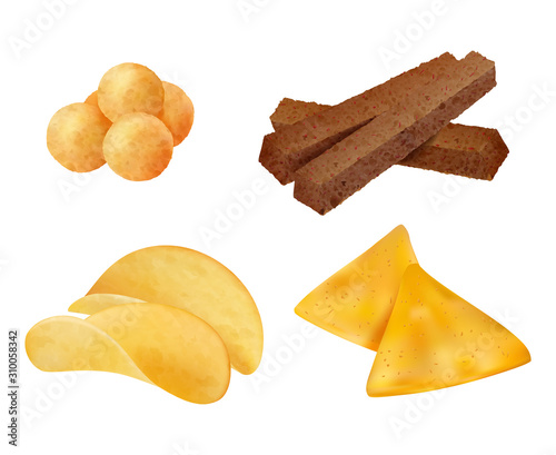 Snacks. Salty crispy junk fast food chips corn cookies vector realistic collection. Illustration snack salty, potato and fast food