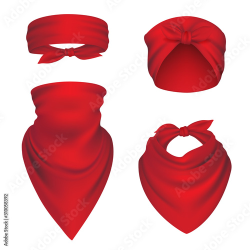 Bandanas realistic. Headbands for bikers sport protection gangster scarf for head and neck vector mockup. Illustration scarf realistic, bandana fabric clothing