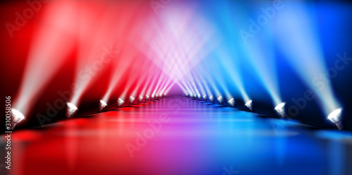 Stage platform during the show. Fashion runway. Light performance. Red carpet. Vector illustration.