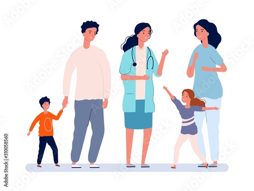 Family doctor. Pediatrician, parents with children. Girl and boy joyful doctor. Pediatrics, people in hospital vectot illustration. Doctor family pediatrician, health and care