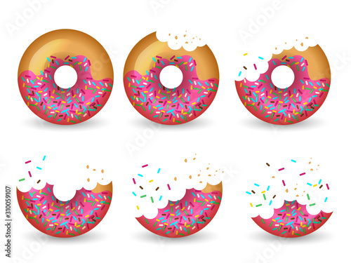 Eating donut. Delicious glazed tasty cake half vector animation stages. Illustration donut delicious, food dessert tasty sweets