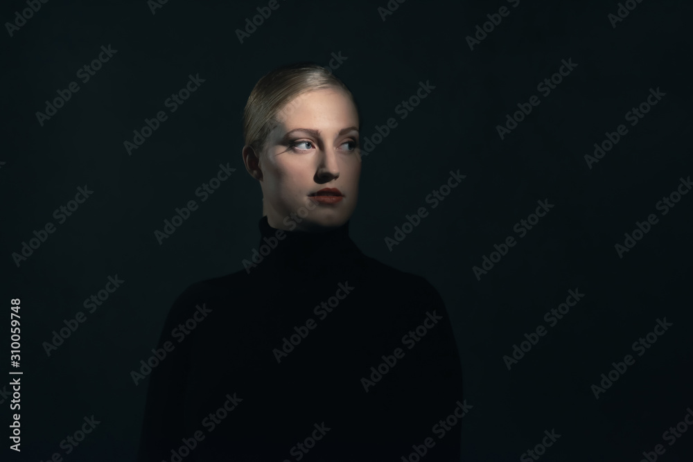 Retro 1940s woman in black turtleneck sweater. Retro 1940s woman in black turtleneck sweater.