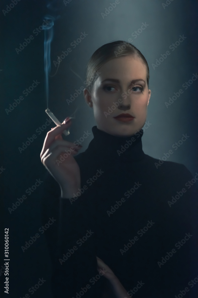 Fototapeta premium Retro 1940s woman with cigarette in black turtleneck sweater.