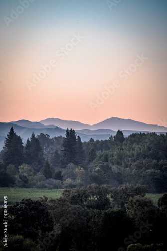 dawn sunrise over California mountain valley landscape