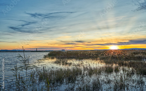 Sunset in the calm waters of the Albufera de Valencia  Spain.