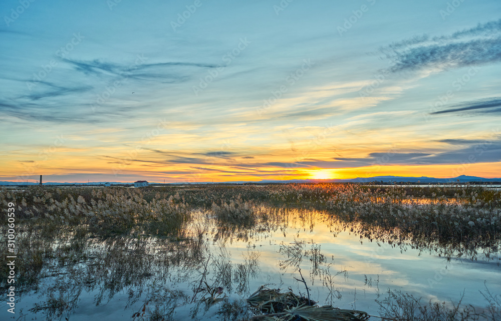 Sunset in the calm waters of the Albufera de Valencia, Spain. Sunset in the calm waters of the Albufera de Valencia, Spain.