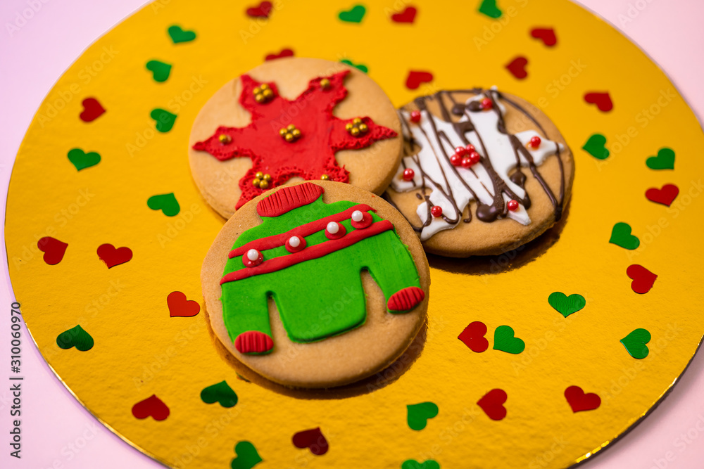 christmas cookies in a gold dish