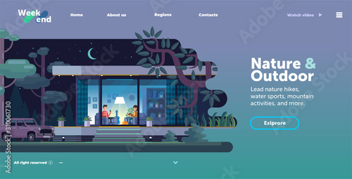 Flat vector illustration - in the evening, a couple sitting under the floor lamp in the house, outside the window of nature and trees. Template web interface