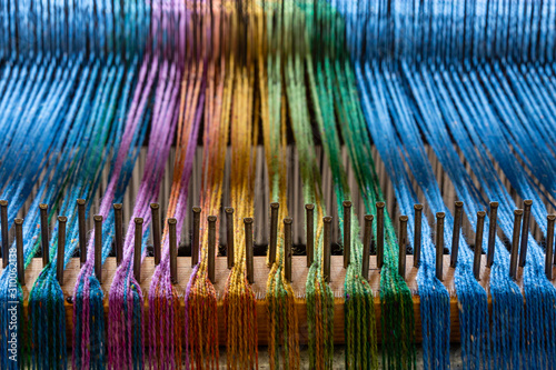 Multi coloured Warp THreads on wool loom County Donegal Ireland