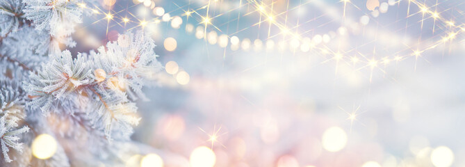 Christmas background. Xmas tree with snow decorated with garland lights, holiday festive background. Widescreen frame backdrop. New year Winter art design, Christmas scene wide screen holiday border