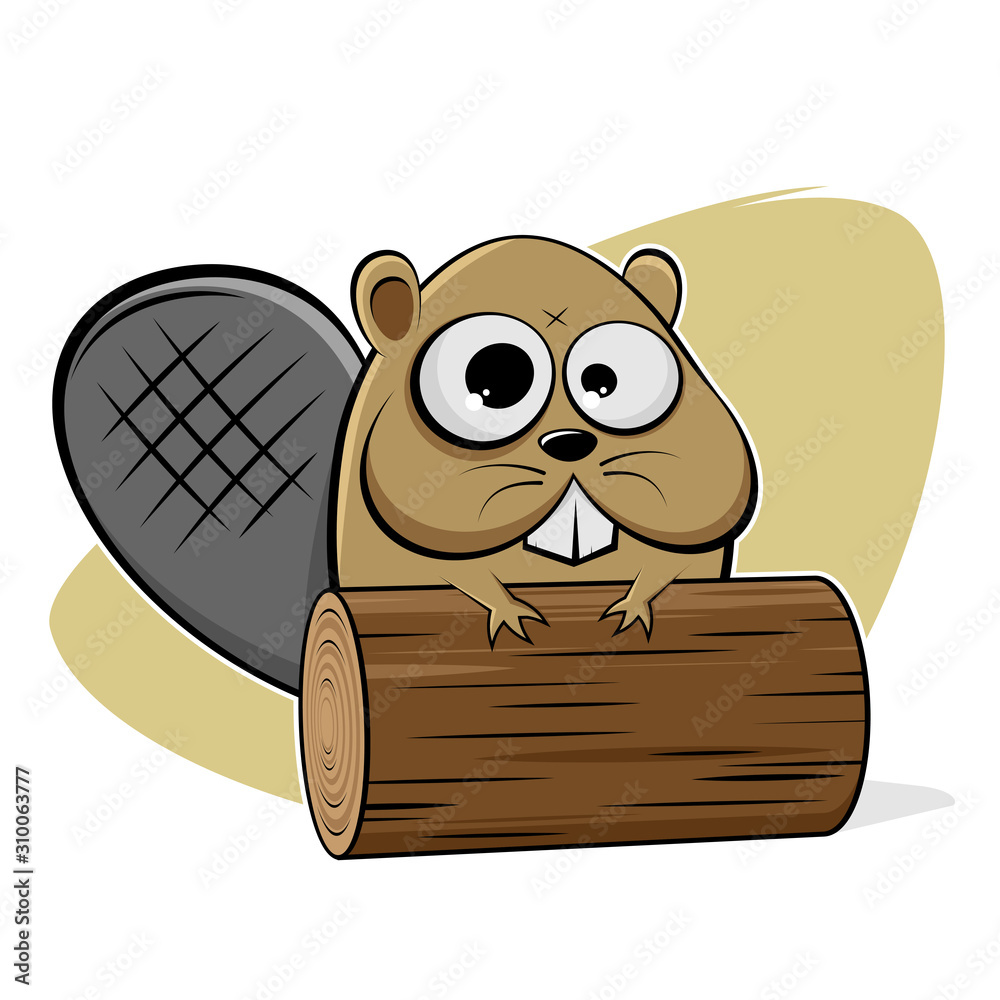 funny cartoon illustration of a beaver with wood log - obraz na płótnie ...