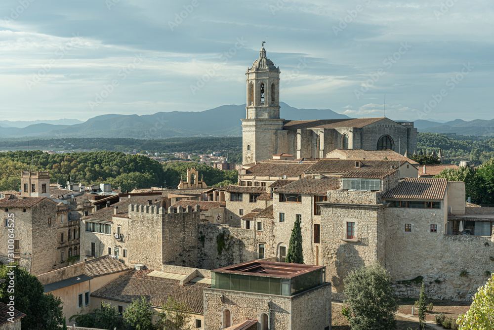 Old Town of Girona City in Catalonia. Picturesque Old Town with the Cathedral of Saint Mary of Girona 