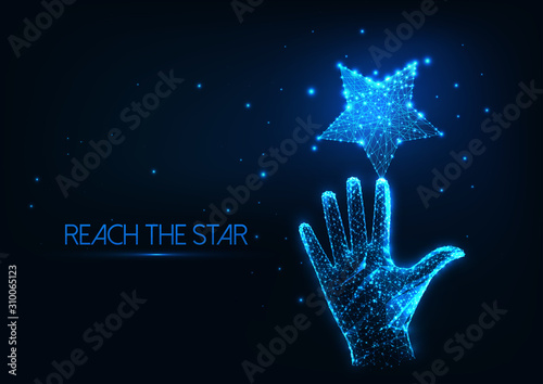 Futuristic dream concept with glowing low polygonal human hand reaching the star