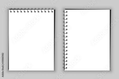Realistic spiral blank notebook, two template copybook cover with horizontal and vertical iron spiral - stock vector