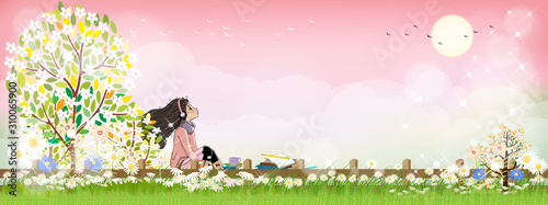 Cute cartoon of Schoolgirl with headphones listening to music while doing school homework under the tree. Vector of Young girl looking up to sky with deep in thoughts, Back to school concept