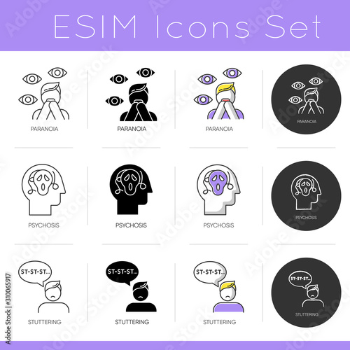Mental disorder icons set. Paranoia and phobia. Psychosis and schizophrenia. Stuttering. Speech problem. Psychiatry. Flat design, linear, black and color styles. Isolated vector illustrations