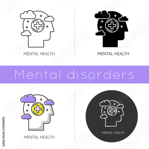 Mental health icon. Emotional wellness. Stress relief and wellbeing. Psychological support. Calm mind. Psychiatric help. Flat design, linear and color styles. Isolated vector illustrations
