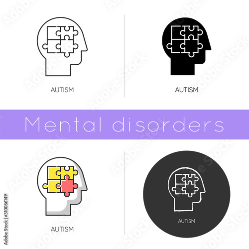 Autism icon. Puzzled mind. Neurology and psychiatry. Children illness support. Different thinking. Asperger. Developmental disorder. Flat design, linear and color styles. Isolated vector illustrations